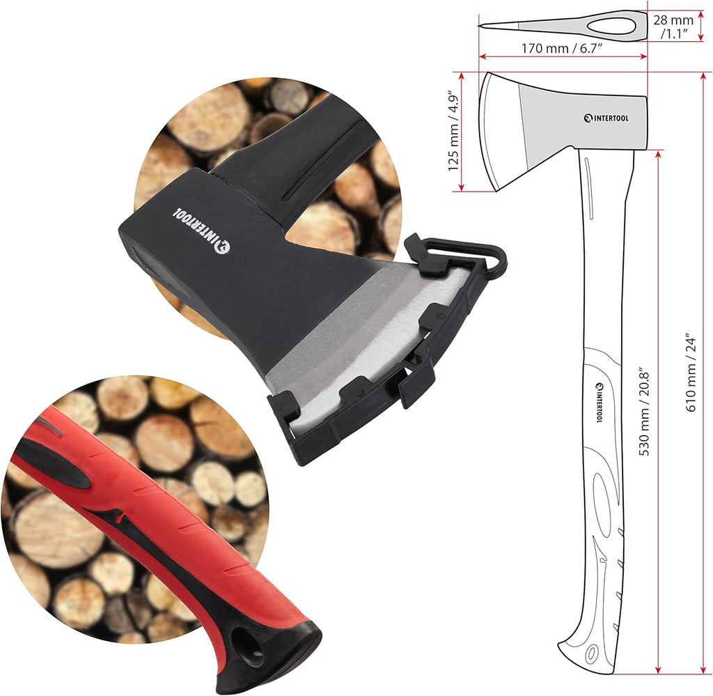 INTERTOOL 24-Inch Chopping Axe | Medium Size Felling Ax for Wood Splitting & Camping | Shock Absorbing Fiberglass Handle with Sheath | HT-0263