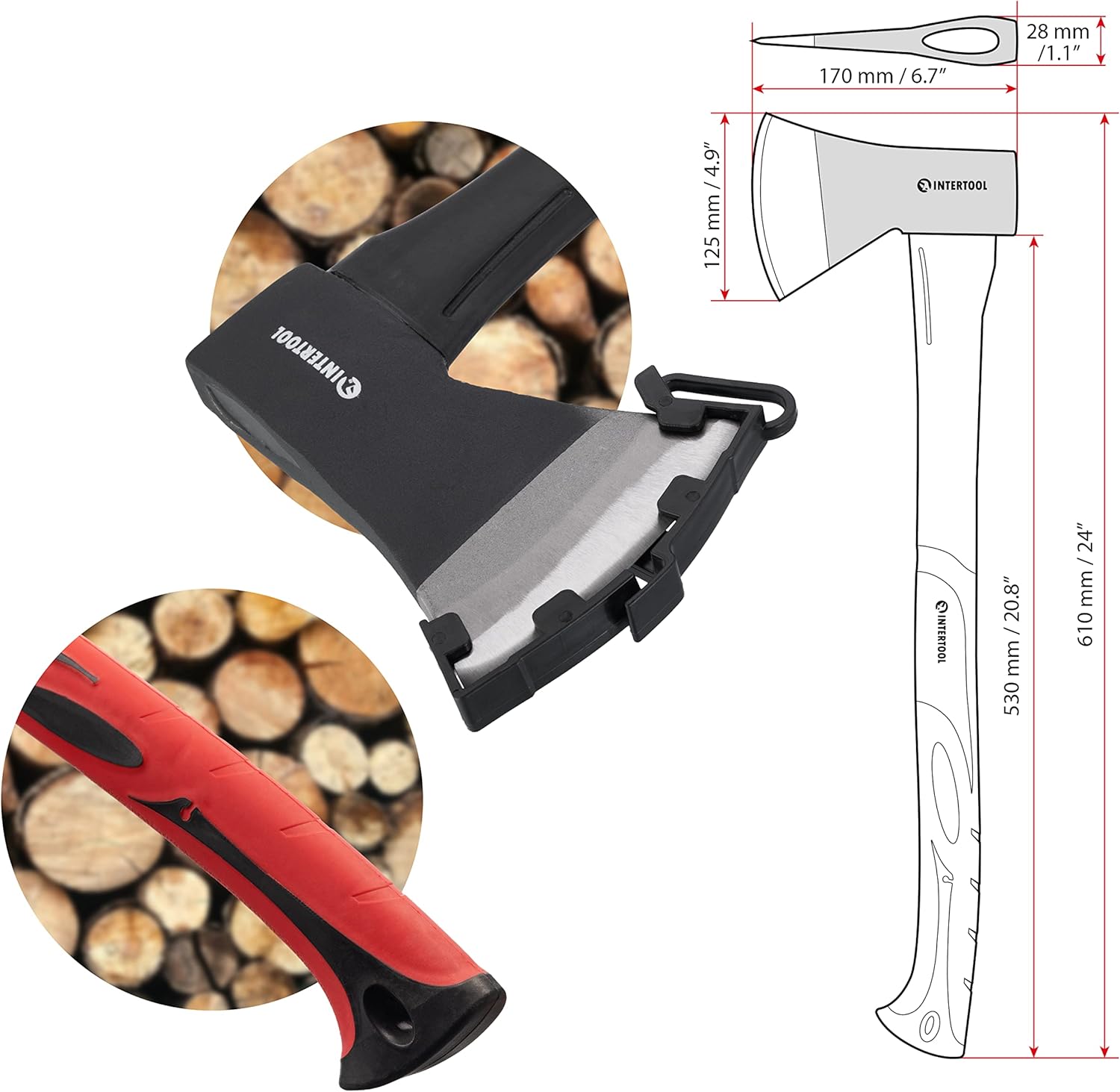 INTERTOOL 24-Inch Chopping Axe | Medium Size Felling Ax for Wood Splitting & Camping | Shock Absorbing Fiberglass Handle with Sheath | HT-0263