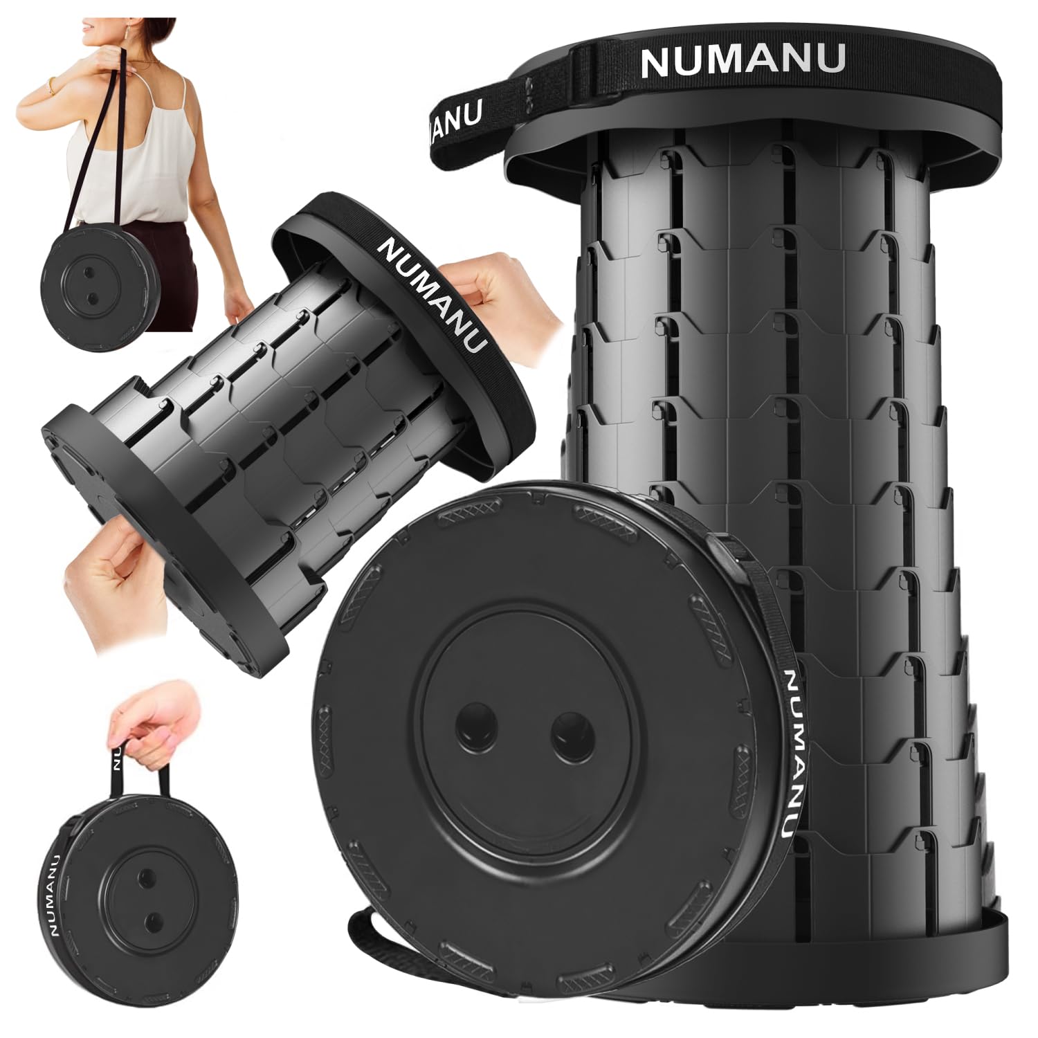 NUMANU 2025 Upgraded Square Collapsible Stool & 3IN1 Cushioned Carry Bag, Adjustable Height Folding Stool, Telescopic Camping Chair Retractable Seat or Footrest for Outdoors & Travel, 18" Max 620lbs