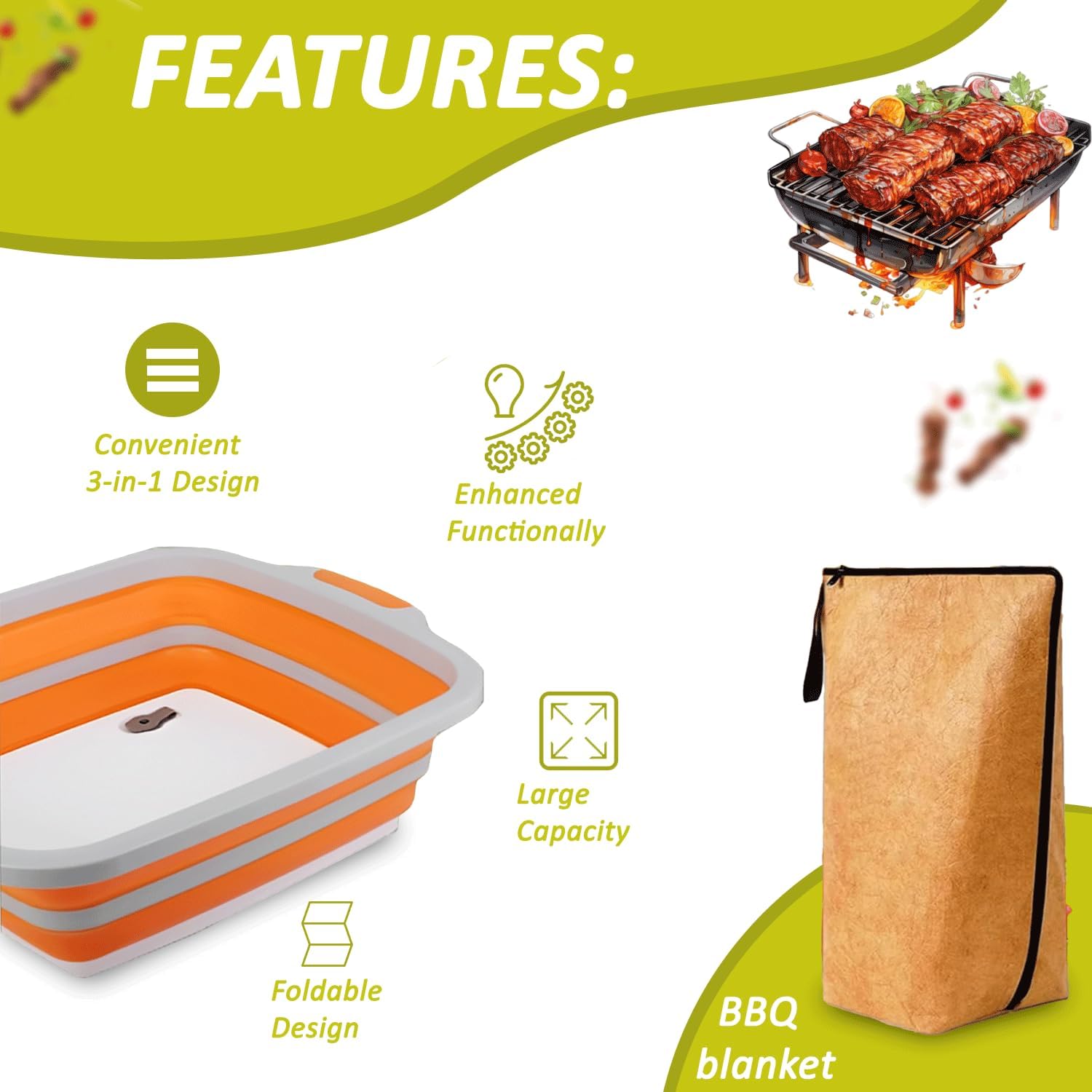 3-in-1 BBQ Prep Tub 16L – Collapsible Cutting Board with Resting Blanket & Chicken Claws All-in-One Meat Marinating,Shredding & Grilling Set Ideal BBQ Accessories for Camping, Picnic,&Outdoor Cooking
