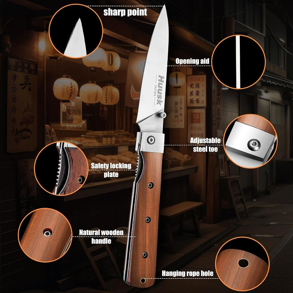 Huusk Japanese Folding Fruit Knife - Pocket Paring Knives with 440C Stainless Steel Ultra Sharp Blade, Portable Kitchen Knives, Gifts for Men