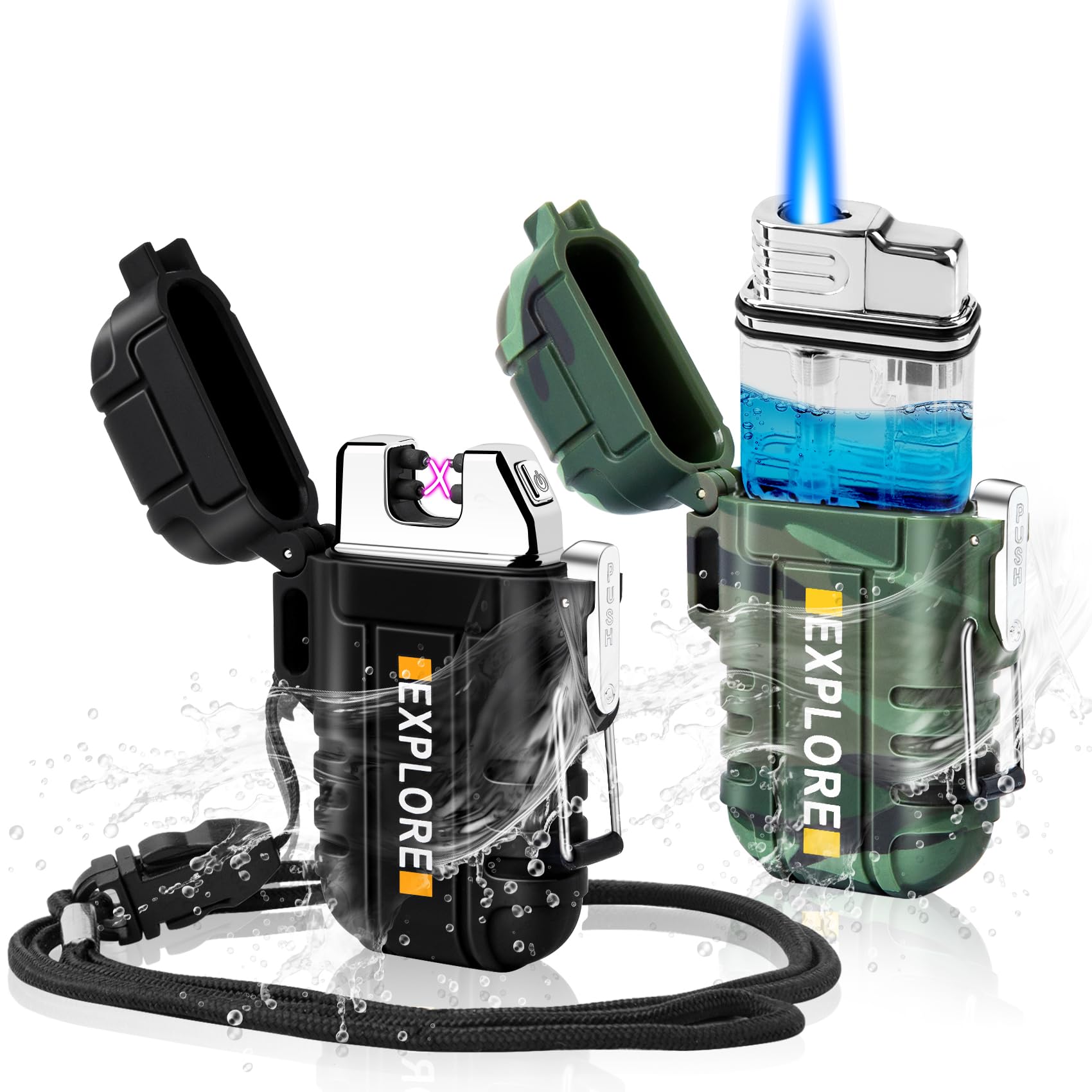 LcFun 2 Pack Waterproof Outdoor Lighter, Windproof Torch Lighters Butane Refillable, Electric Dual Arc Plasma Lighter USB Rechargeable, Tactical Survival Gear Gadgets for Men for Camping, Hiking