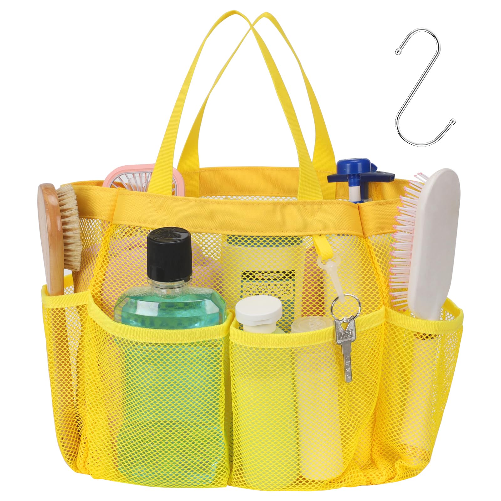 F-color Mesh Shower Caddy Portable, Upgrade Deeper 7 Pockets Shower Bag Basket Tote for College Dorm Room Toiletry Bathroom Essentials Gym Camp Quick Dry 2 handles with S Hook, Black