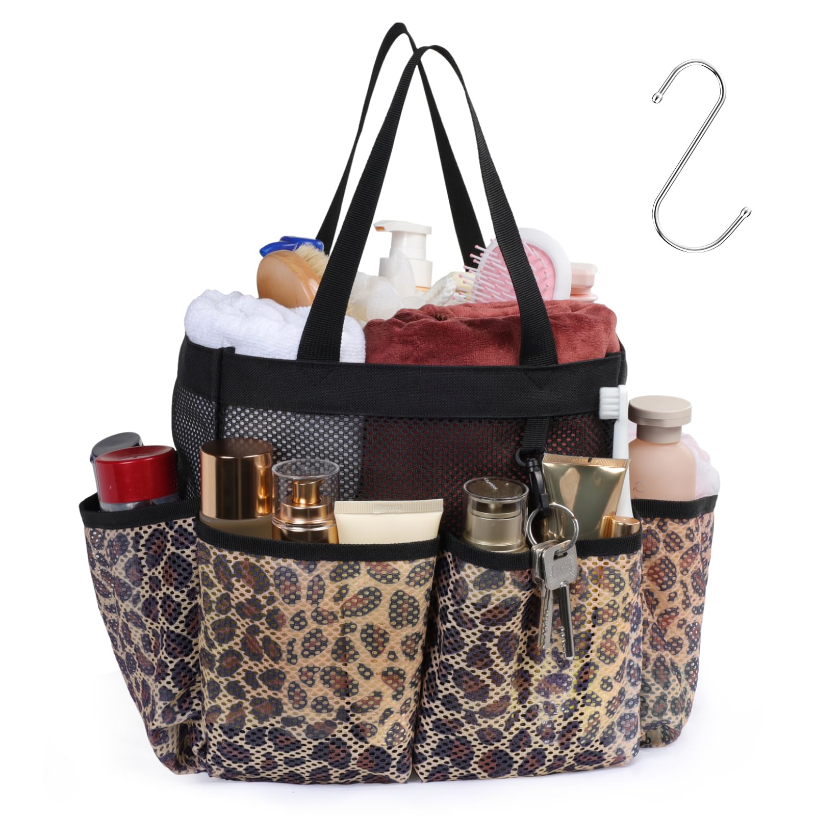 F-color Mesh Shower Caddy Portable, Upgrade Deeper 7 Pockets Shower Bag Basket Tote for College Dorm Room Toiletry Bathroom Essentials Gym Camp Quick Dry 2 handles with S Hook, Black