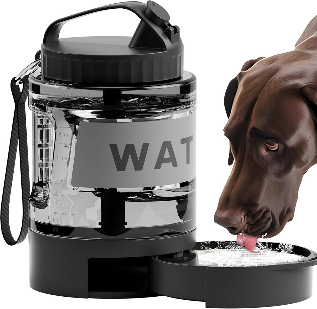 77oz Portable Dog Water Bottle, Camping Essentials, Large Travel Bottle with Pull-Out Drinking Bowl, Portable Beach Accessories, Car Water Container for Dogs, BPA Free - Black