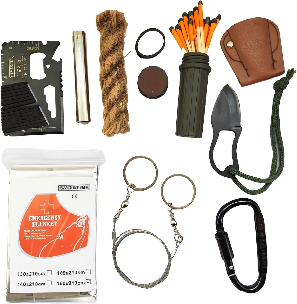 Emergency Survival Kit – Windproof Matches with Waterproof Case, Waxed Fire Rope, Wire Saw, Knife, Tool Card, Blanket, Carabiner – Camping Hiking Outdoor Fire Starter Set