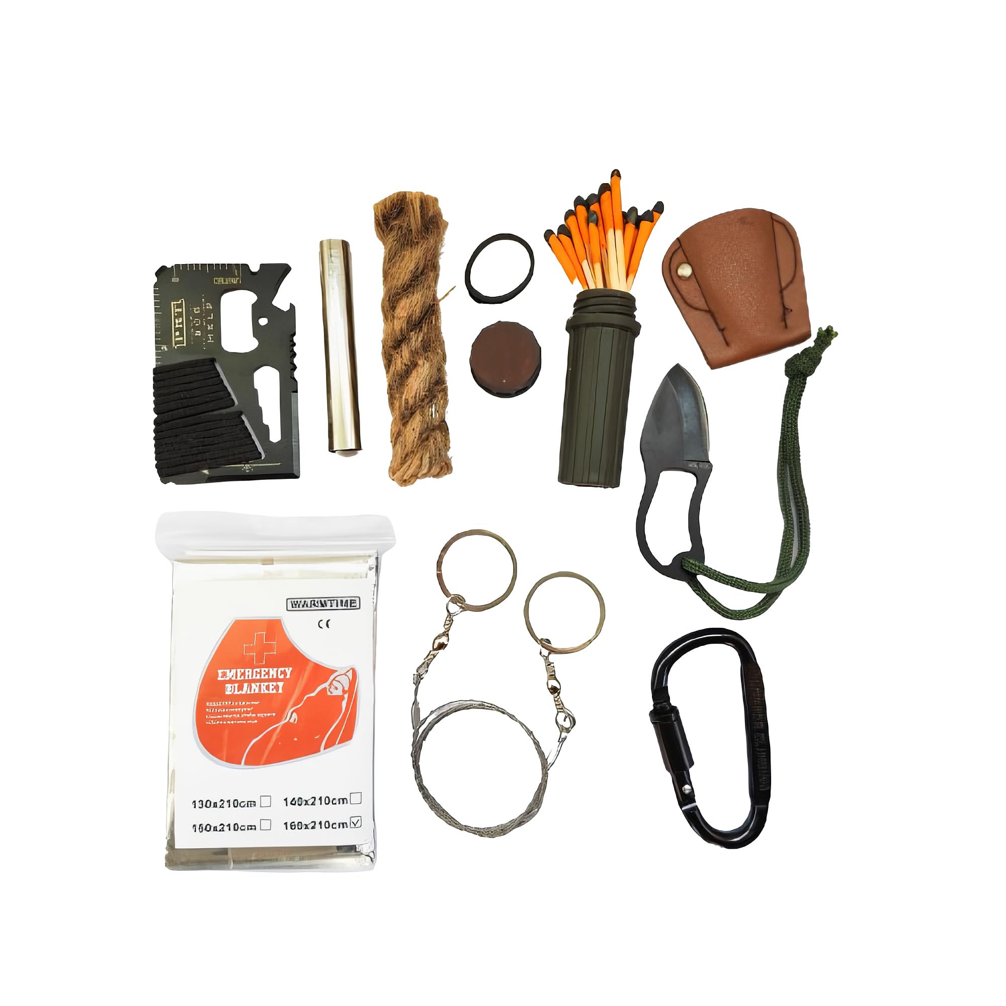 Emergency Survival Kit – Windproof Matches with Waterproof Case, Waxed Fire Rope, Wire Saw, Knife, Tool Card, Blanket, Carabiner – Camping Hiking Outdoor Fire Starter Set