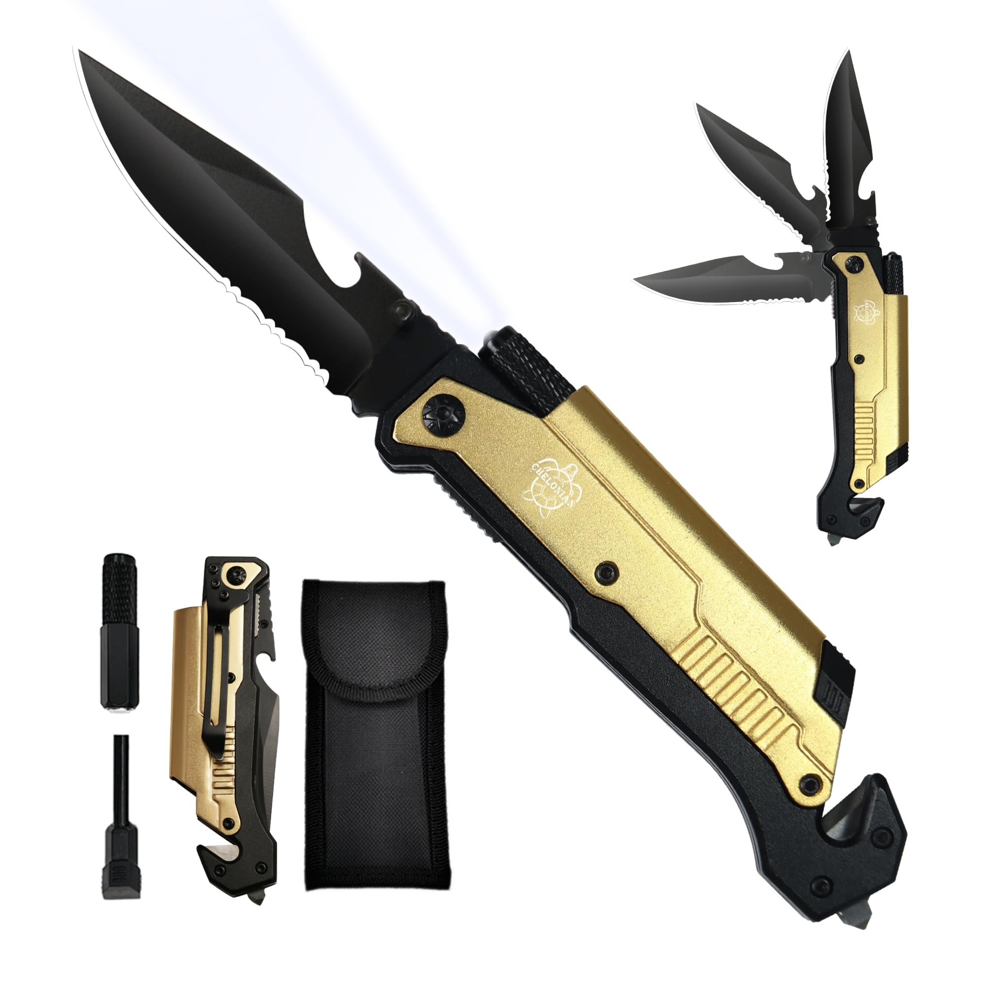 8.5" Military Outdoor Hunting Camping Pocket Knife, 7 in 1 Multi-Function Folding Knives with Fire Starter LED Light Seatbelt Cutter Glass Breaker Bottle Opener Tactical Blade (Green)
