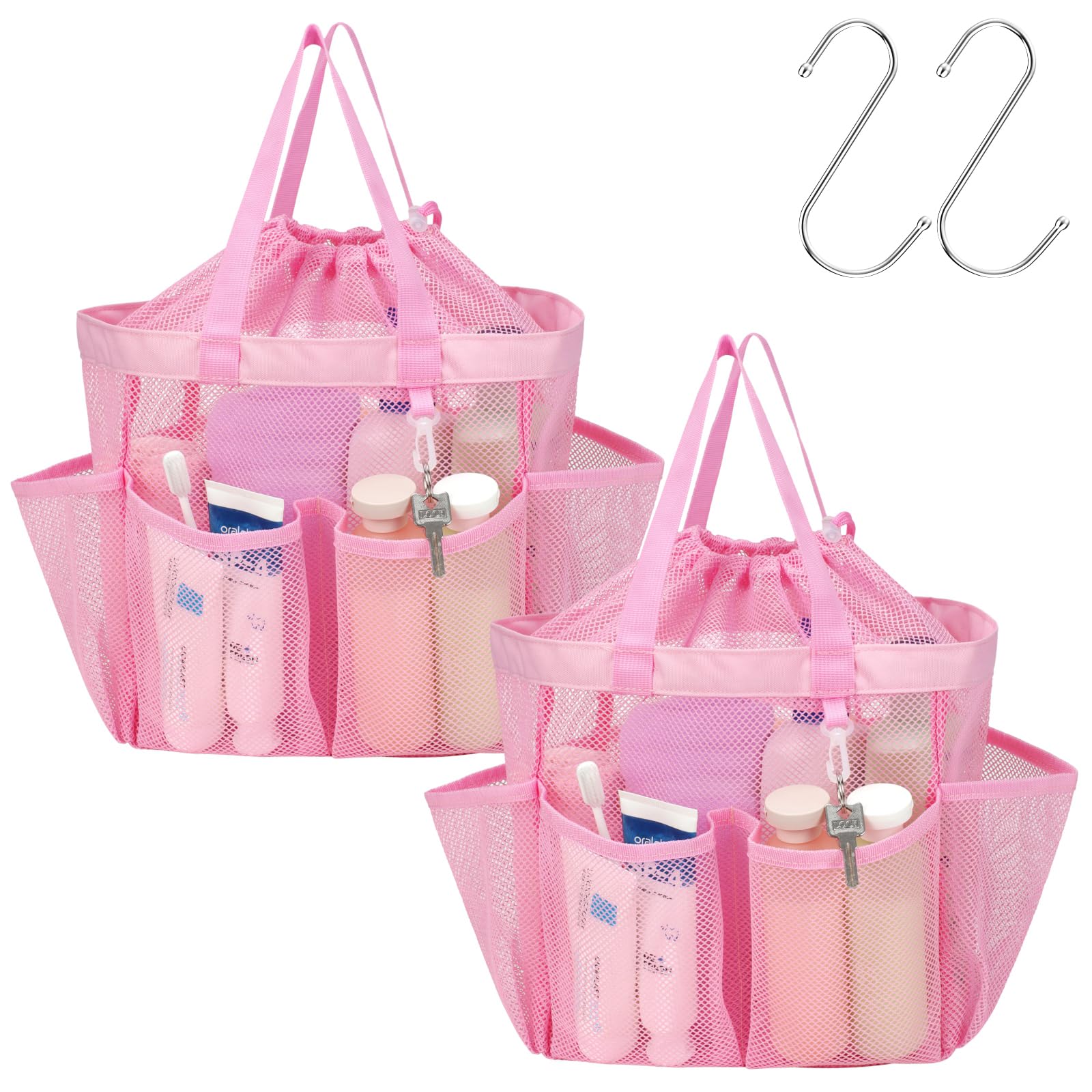 F-color Mesh Shower Caddy Portable, Upgrade Deeper 7 Pockets Shower Bag Basket Tote for College Dorm Room Toiletry Bathroom Essentials Gym Camp Quick Dry 2 handles with S Hook, Black