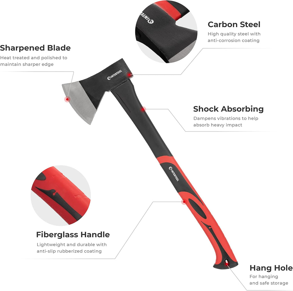 INTERTOOL 24-Inch Chopping Axe | Medium Size Felling Ax for Wood Splitting & Camping | Shock Absorbing Fiberglass Handle with Sheath | HT-0263