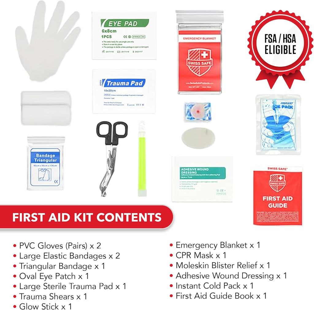 Swiss Safe 2-in-1 First Aid Kit for Car, Travel & Home, Businesses - Bonus Mini Kit for Medical Emergency Aid, Survival, Camping - FSA & HSA Eligible - 348 Pcs, Large Hardcase FAK