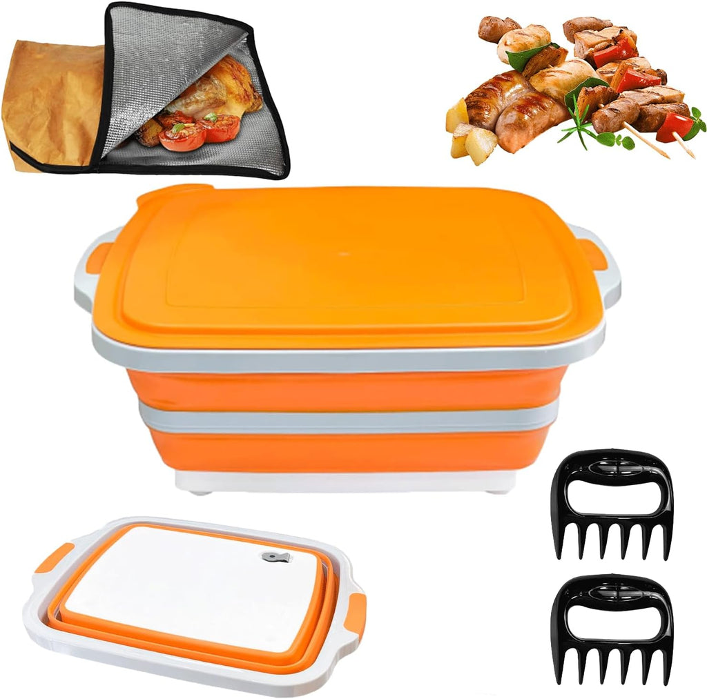 3-in-1 BBQ Prep Tub 16L – Collapsible Cutting Board with Resting Blanket & Chicken Claws All-in-One Meat Marinating,Shredding & Grilling Set Ideal BBQ Accessories for Camping, Picnic,&Outdoor Cooking