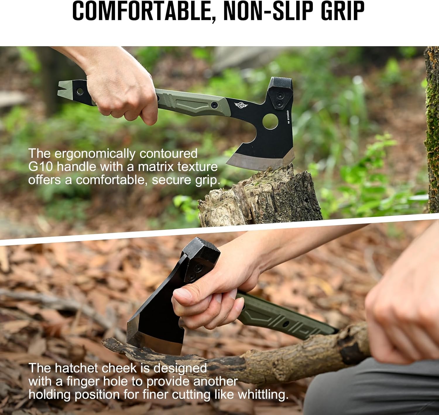 OKNIFE Otacle A1 Survival Hatchet & Camping Axe, 4 in 1 Full Tang Tactical Axe, G10 Non-Slip Grip Tomahawk with Durable Kydex Sheath (OD Green)