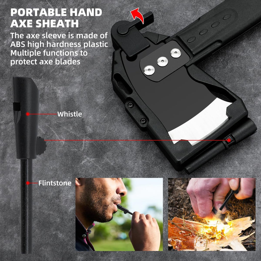 Multifunctional Hammer Head Axe Survival Tactical Tool - Folding Saw, Flintstone Whistle with Axe Sheath - Camping Hatchet for Outdoor Hiking