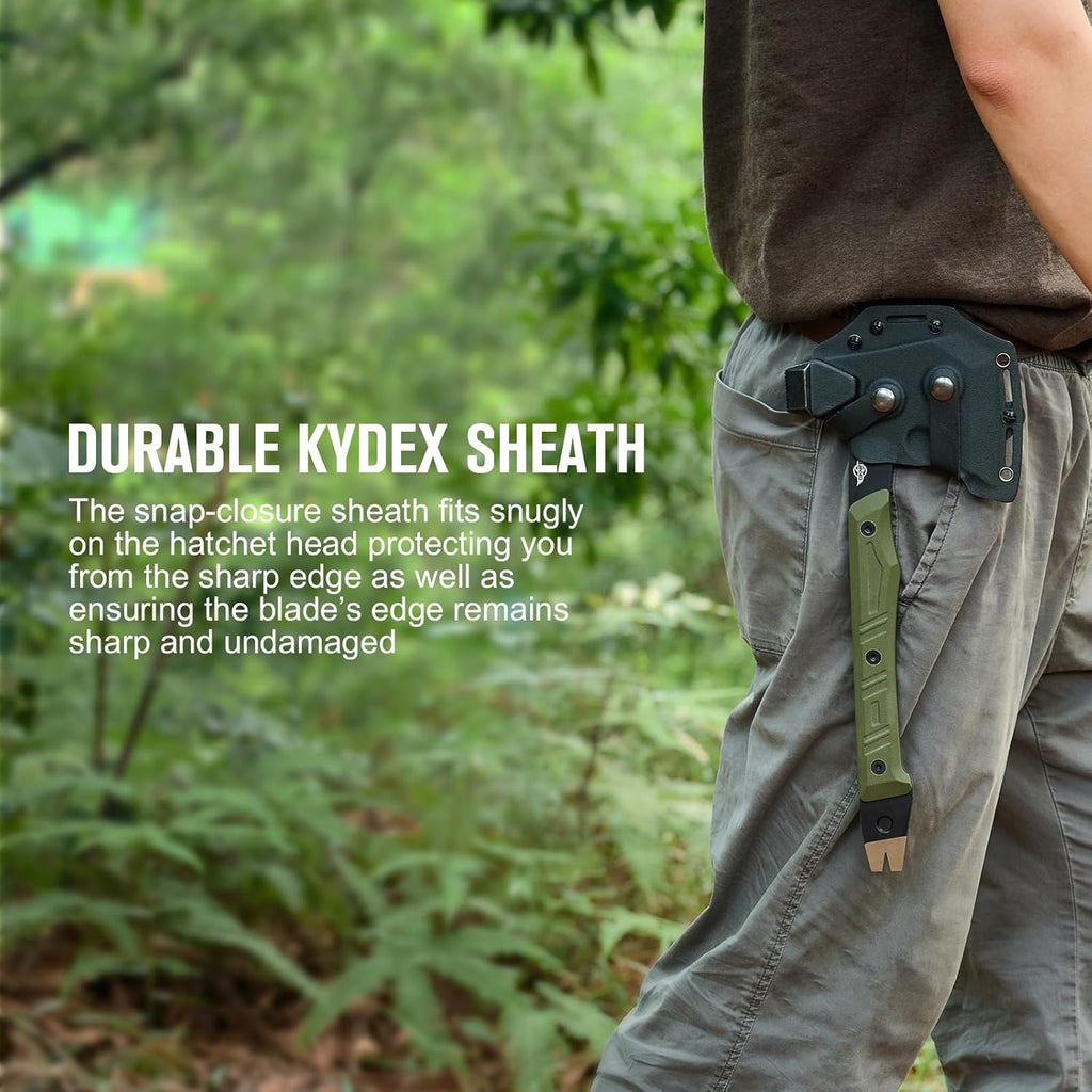OKNIFE Otacle A1 Survival Hatchet & Camping Axe, 4 in 1 Full Tang Tactical Axe, G10 Non-Slip Grip Tomahawk with Durable Kydex Sheath (OD Green)