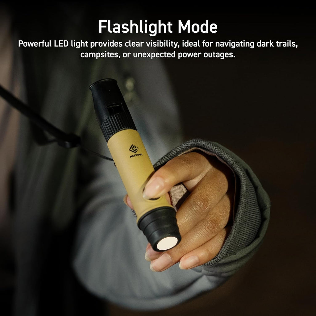 3-in-1 Flashlight, Lantern & Whistle, IP44 Water-Resistant, Dust-Resistant, AAA Battery Powered, Compact for Hiking, Camping, Rescue, Emergency, Lanyard Included (Beige)