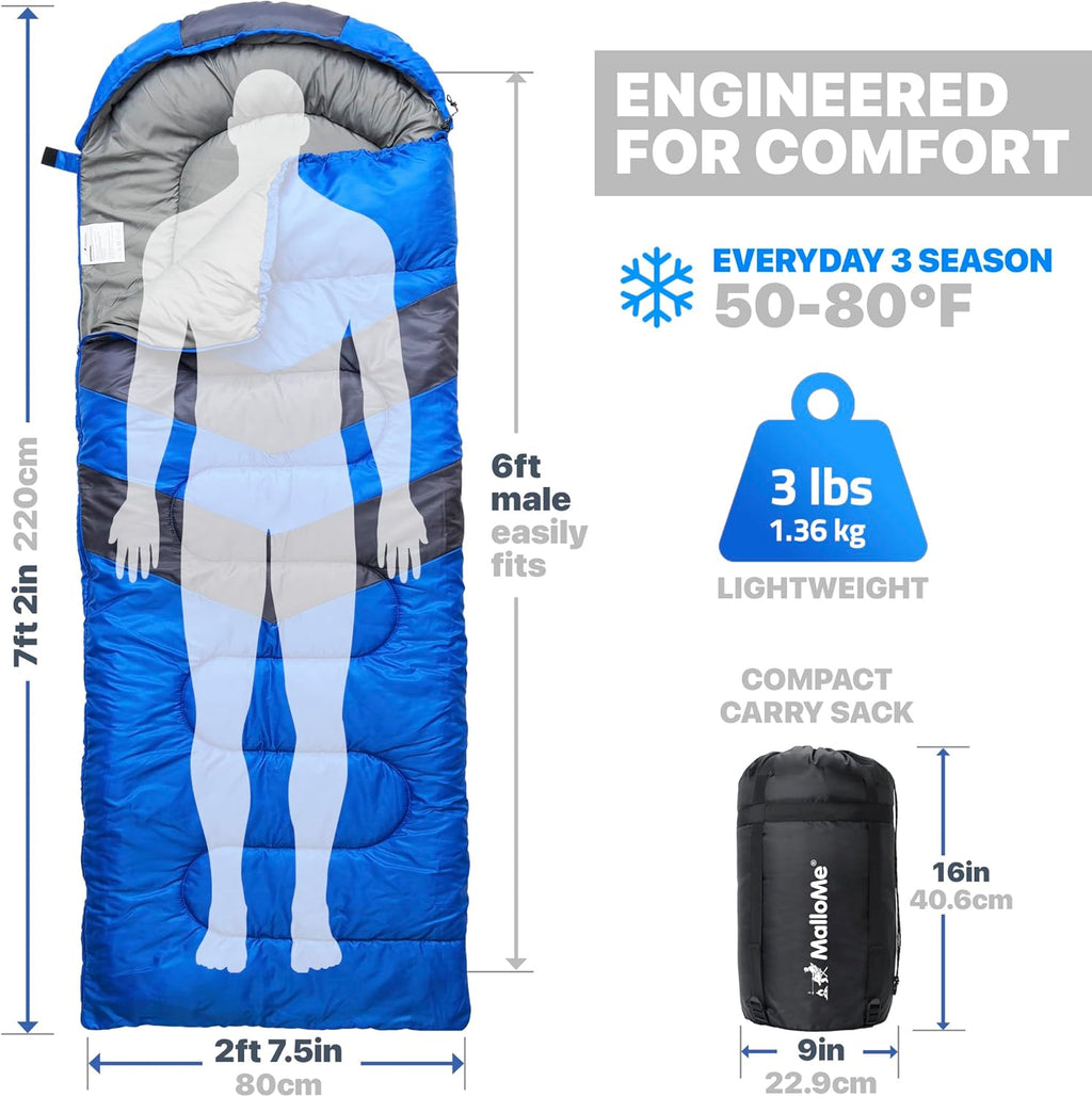 MalloMe Sleeping Bags for Adults Cold Weather & Warm - Backpacking Camping Sleeping Bag for Kids 10-12, Girls, Boys - Lightweight Compact Camping Essentials Gear Accessories Hiking Sleep Must Haves