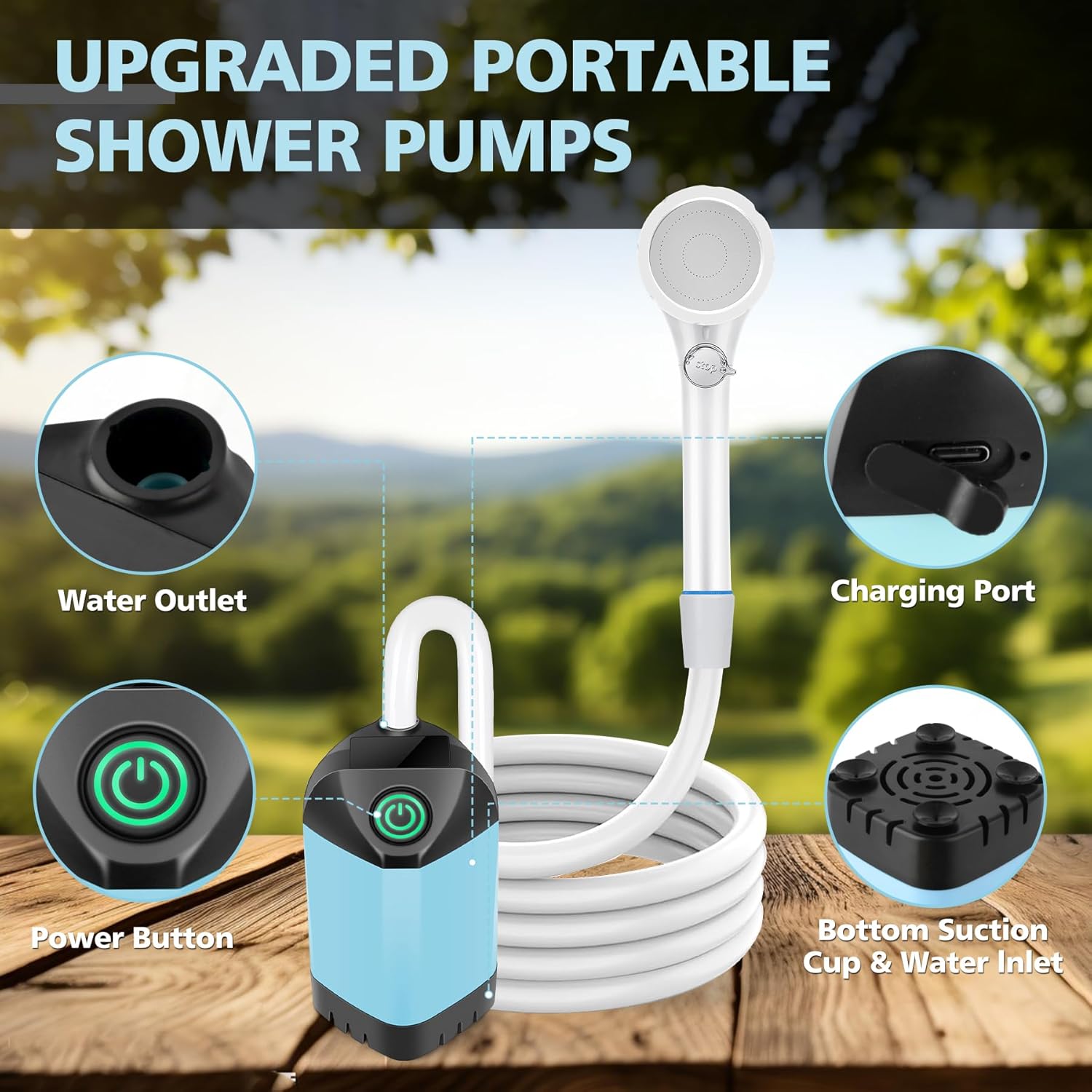Portable Shower for Camping, 7800mAh Rechargeable Camping Shower with 3 Spray Modes, IPX7 Waterproof Portable Shower Pump for Outdoor, Hiking, Travel, Car, Pet-Long-Lasting Battery & Powerful Suction