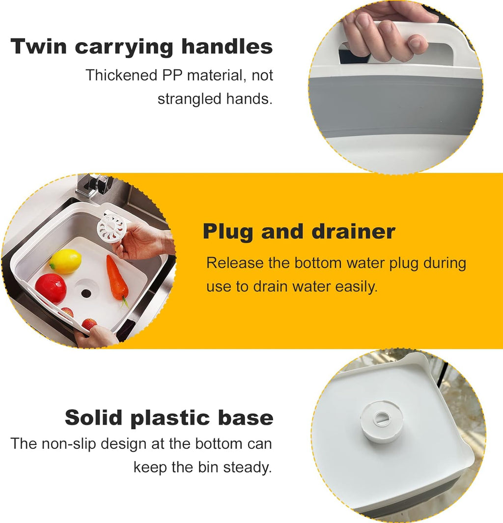 Collapsible Dish Basin & Sink Tub with Drain Plug – 2.4 Gal Baby Bottle Wash Basin, Bottle Washing Bin for RV, Camping, Kitchen | Collapsible Water & Bottle Basin (Grey)