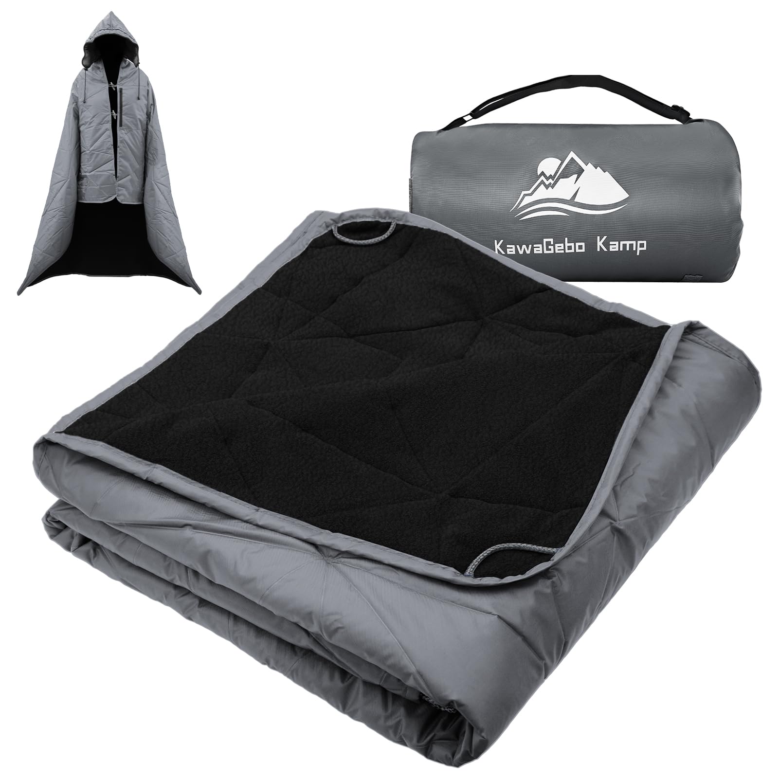 Outdoor Waterproof Blanket, Foldable Fleece Stadium Blanket for Outdoor Sports Event, Camping, Car, Pet, Picnics - Windproof, Wearable, Machine Washable 80" x 58" (Black Gray)