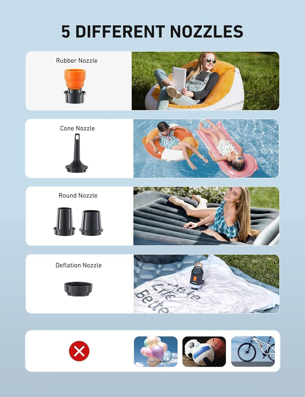 AstroAI Mini Air Pump for Inflatables with 3000mAh Battery Air Mattress Pump with Camping Lantern Electric Air Pump with 5 Nozzles Inflate & Deflate Air Mattress, Vacuum Storage Bags