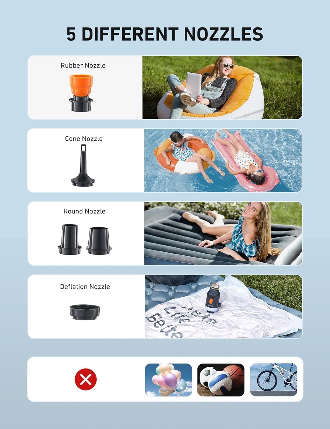 AstroAI Mini Air Pump for Inflatables with 3000mAh Battery Air Mattress Pump with Camping Lantern Electric Air Pump with 5 Nozzles Inflate & Deflate Air Mattress, Vacuum Storage Bags