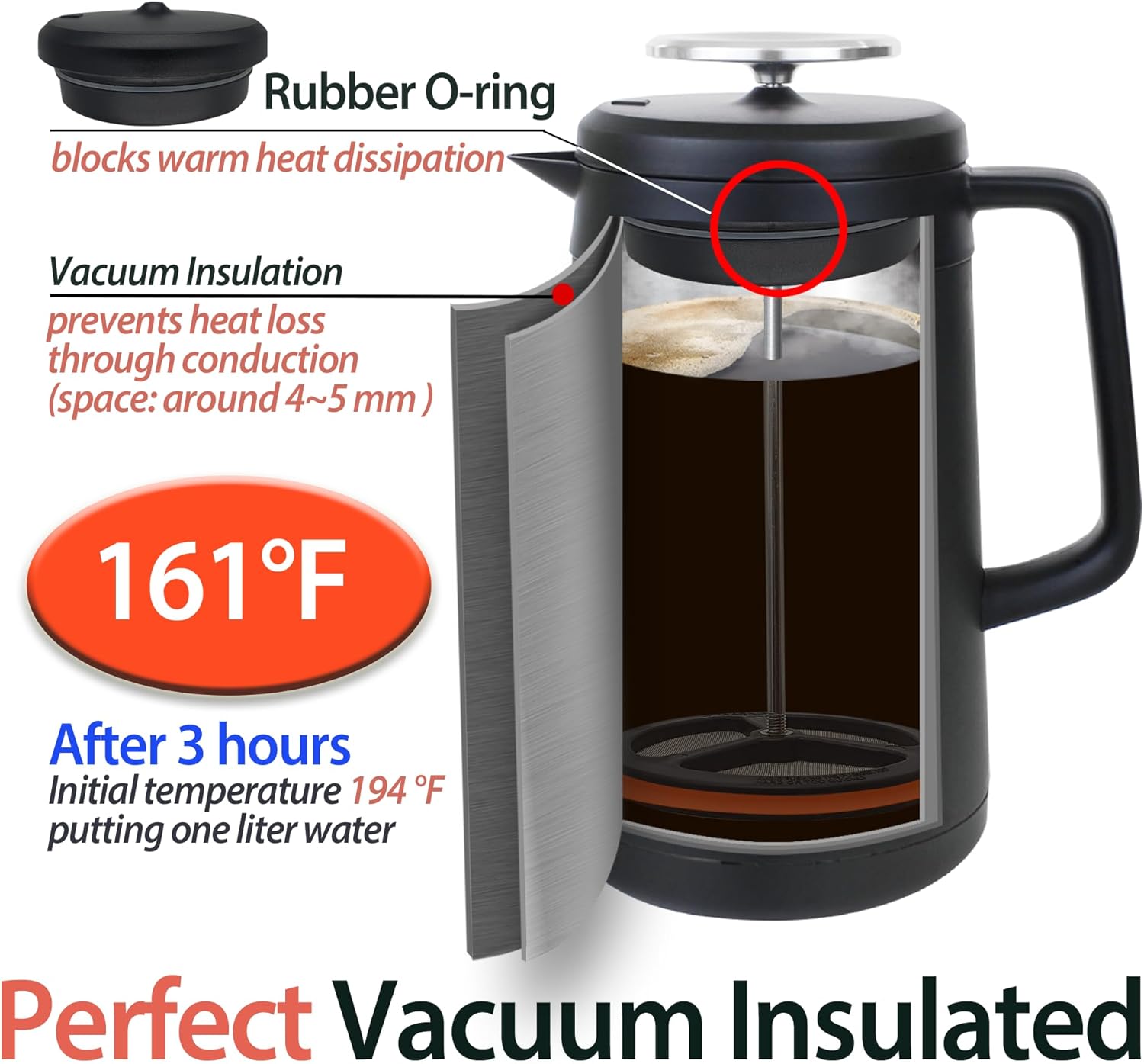 PortableAnd 34oz Double Vacuum Insulation Large Silicone French Press Coffee Maker with Silicone Ring, Stainless Steel, Perfect for Camping, Travel, and At-Home Use (Matte Black)