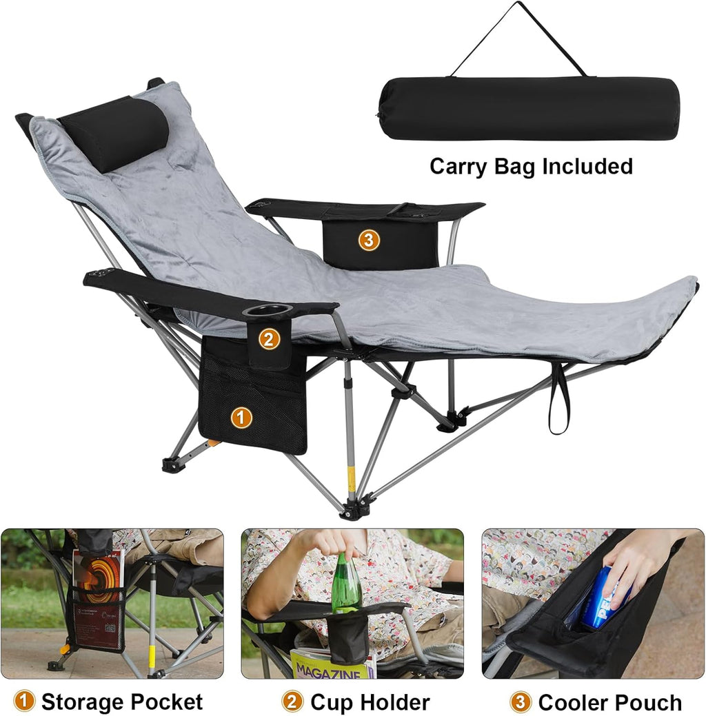 Romswi 4-Position Reclining Camping Chair with Removable Footrest, Blanket Cotton Cushion, 2-in-1 Adjustable Portable Lounge Chair with Cooler Bag, Cup Holder, Side Pockets & Carry Bag for Outdoor