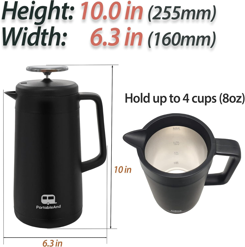 PortableAnd 34oz Double Vacuum Insulation Large Silicone French Press Coffee Maker with Silicone Ring, Stainless Steel, Perfect for Camping, Travel, and At-Home Use (Matte Black)