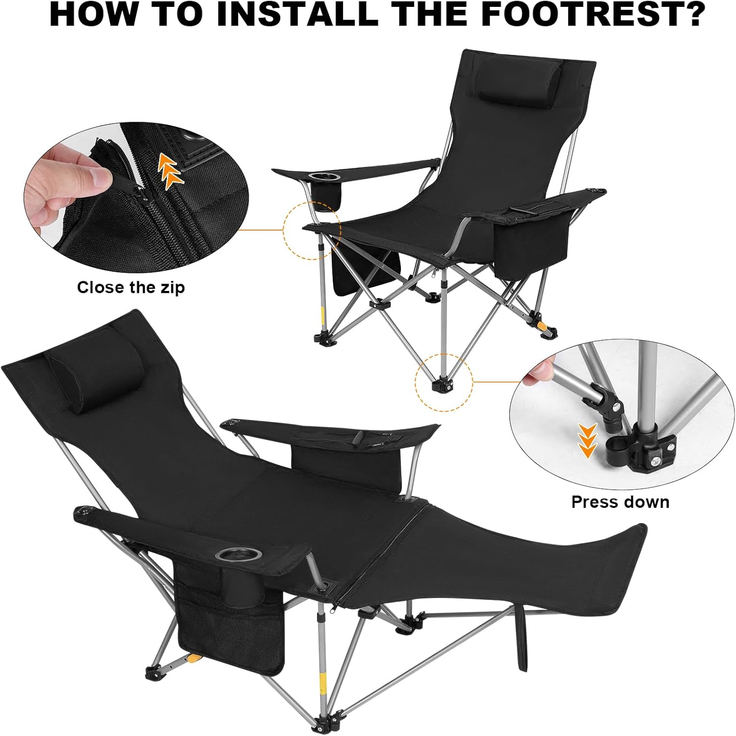 Romswi 4-Position Reclining Camping Chair with Removable Footrest, Blanket Cotton Cushion, 2-in-1 Adjustable Portable Lounge Chair with Cooler Bag, Cup Holder, Side Pockets & Carry Bag for Outdoor