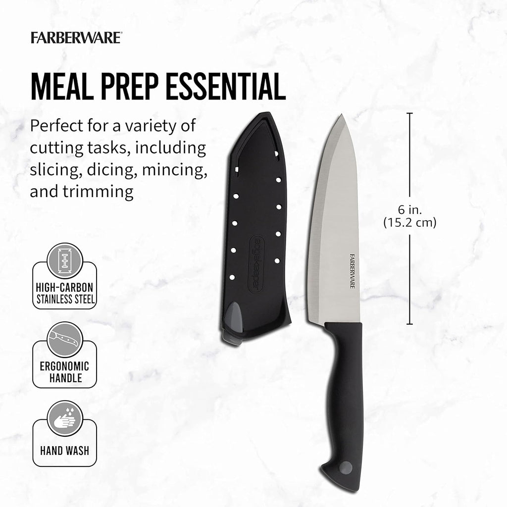 Farberware Edgekeeper 6-Inch Chef Knife with Self-Sharpening Blade Cover, High Carbon-Stainless Steel Kitchen Knife with Ergonomic Handle, Razor-Sharp Knife, Black