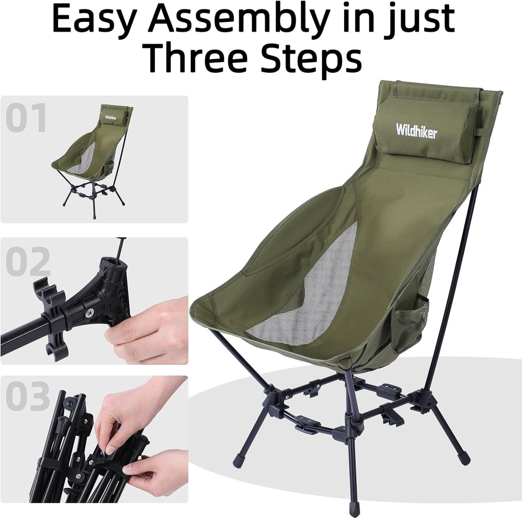 Wildhiker Portable High Back Folding Camping Chairs – Compact with Dual Sitting Modes, Pillow, Arm Pads and Side Pockets – Lightweight Chair for Motorcycle, RV, Festival, Travel – Green