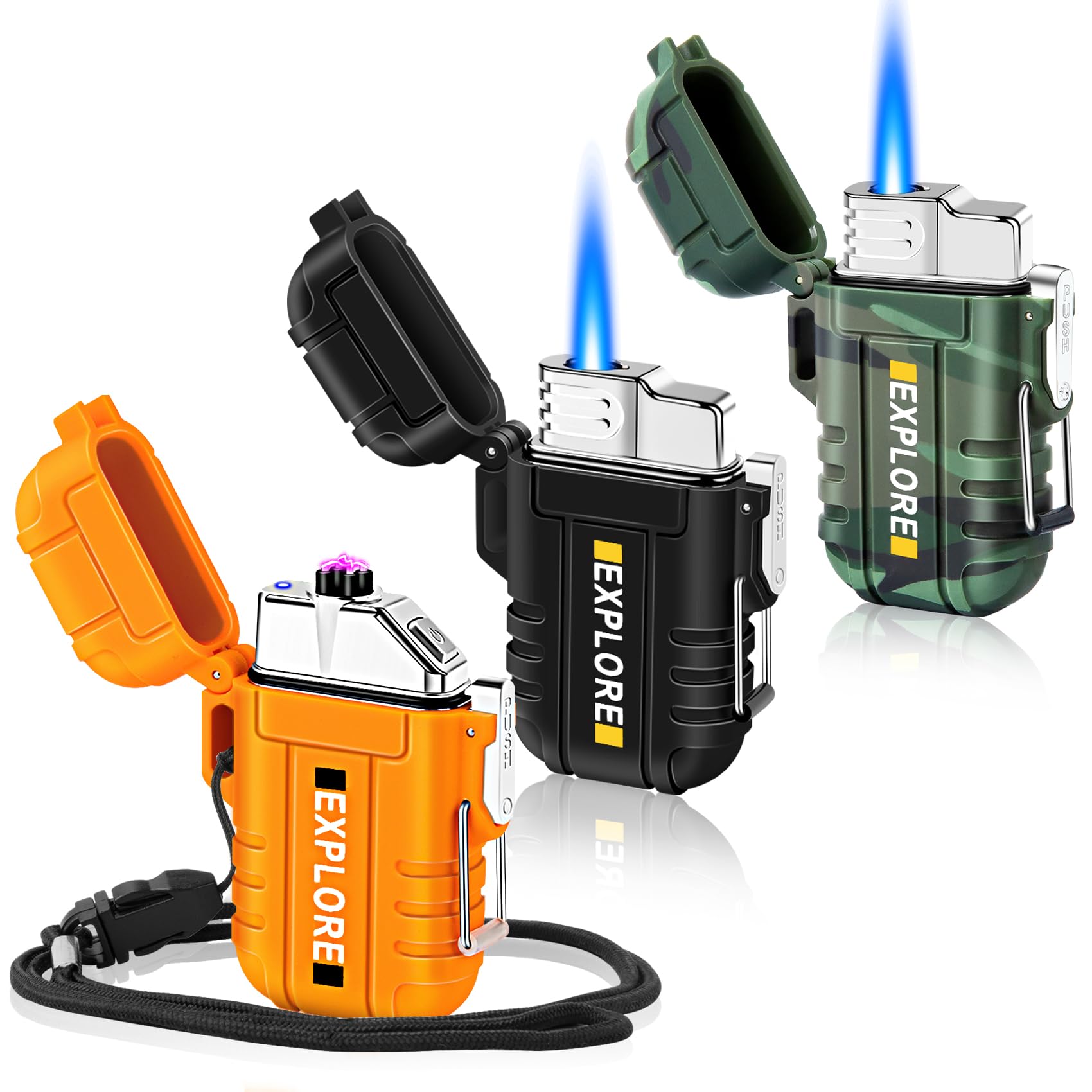 LcFun 2 Pack Waterproof Outdoor Lighter, Windproof Torch Lighters Butane Refillable, Electric Dual Arc Plasma Lighter USB Rechargeable, Tactical Survival Gear Gadgets for Men for Camping, Hiking