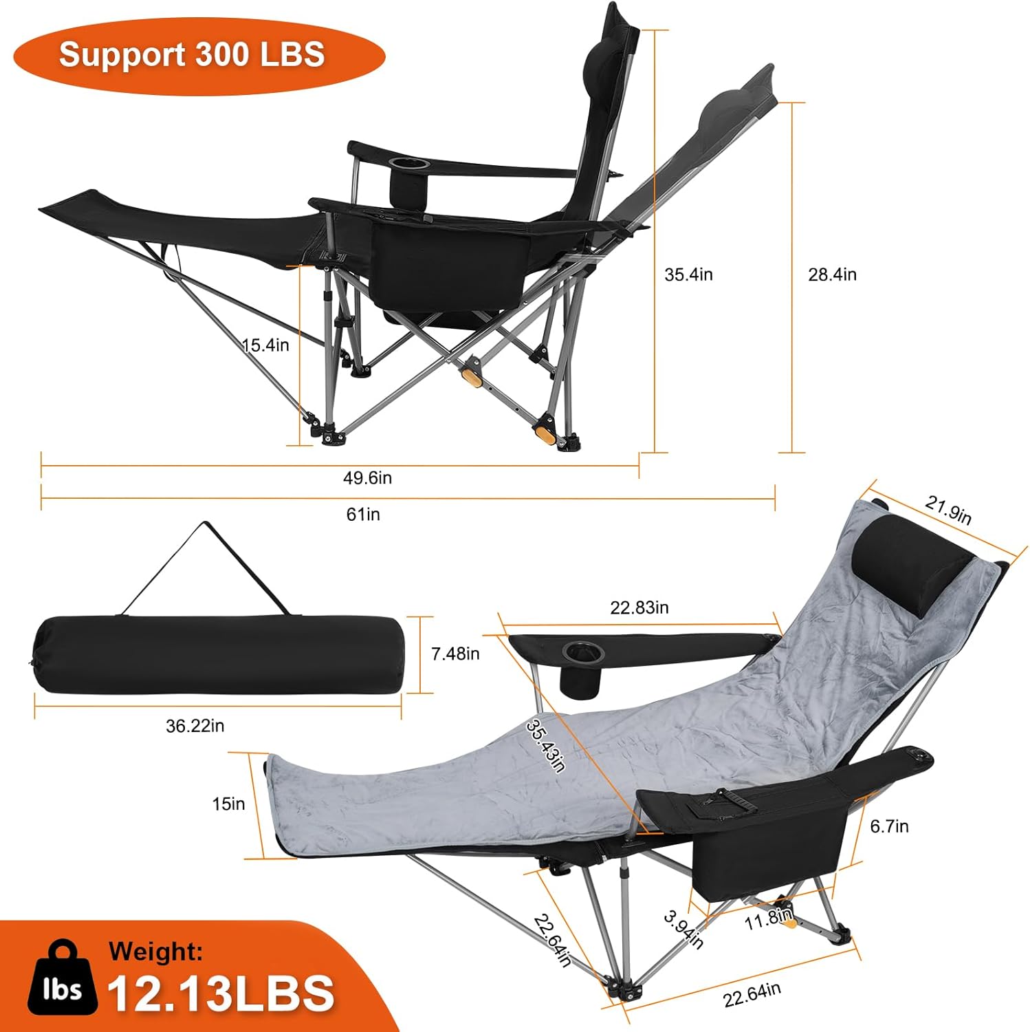Romswi 4-Position Reclining Camping Chair with Removable Footrest, Blanket Cotton Cushion, 2-in-1 Adjustable Portable Lounge Chair with Cooler Bag, Cup Holder, Side Pockets & Carry Bag for Outdoor