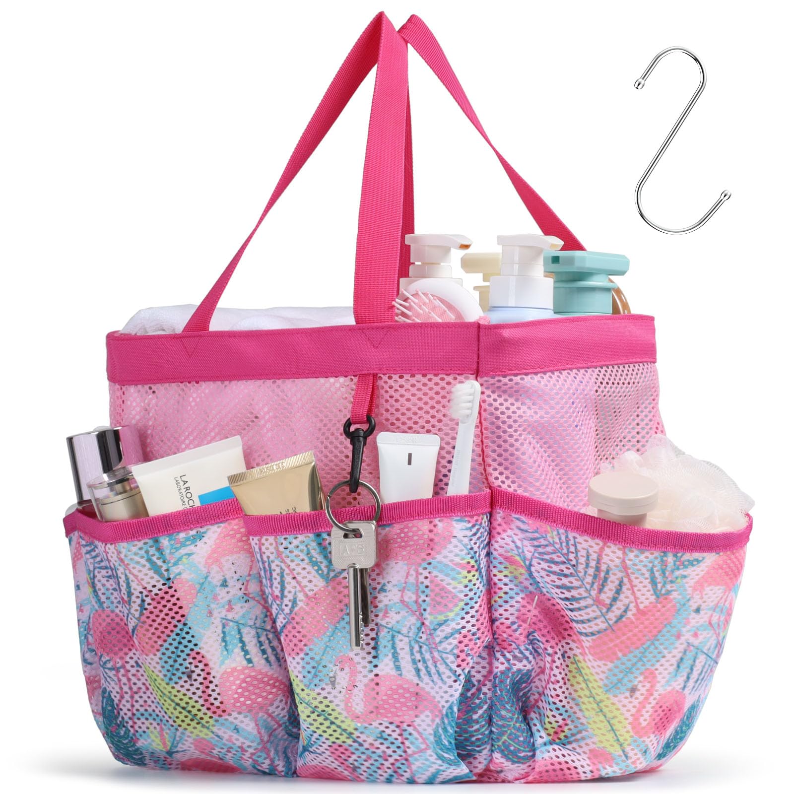 F-color Mesh Shower Caddy Portable, Upgrade Deeper 7 Pockets Shower Bag Basket Tote for College Dorm Room Toiletry Bathroom Essentials Gym Camp Quick Dry 2 handles with S Hook, Black