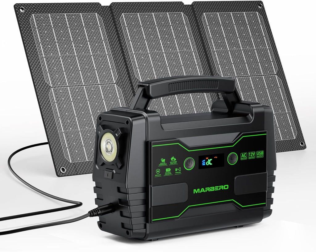 MARBERO Solar Powered Generator 155Wh with 30W Foldable Solar Panels 100W AC Output Lithium Battery Portable Power Station with AC DC and USB Outputs for Camping Emergency Home Backup Blackout Hiking