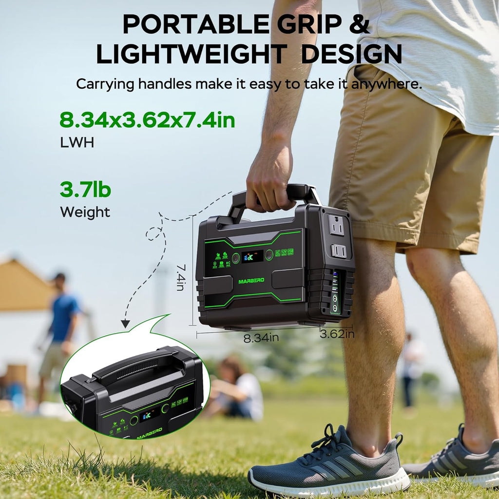 MARBERO Solar Powered Generator 155Wh with 30W Foldable Solar Panels 100W AC Output Lithium Battery Portable Power Station with AC DC and USB Outputs for Camping Emergency Home Backup Blackout Hiking
