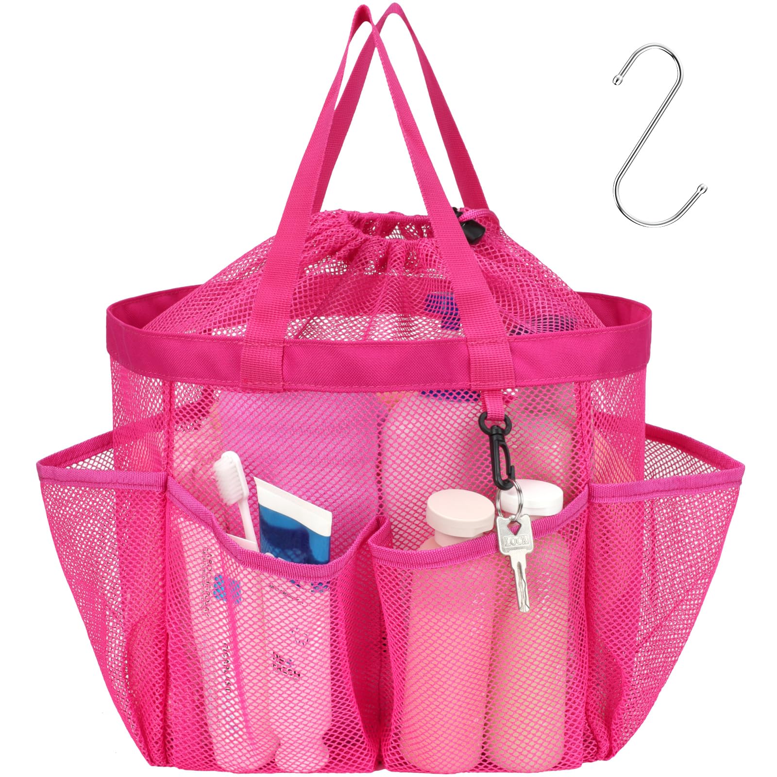 F-color Mesh Shower Caddy Portable, Upgrade Deeper 7 Pockets Shower Bag Basket Tote for College Dorm Room Toiletry Bathroom Essentials Gym Camp Quick Dry 2 handles with S Hook, Black