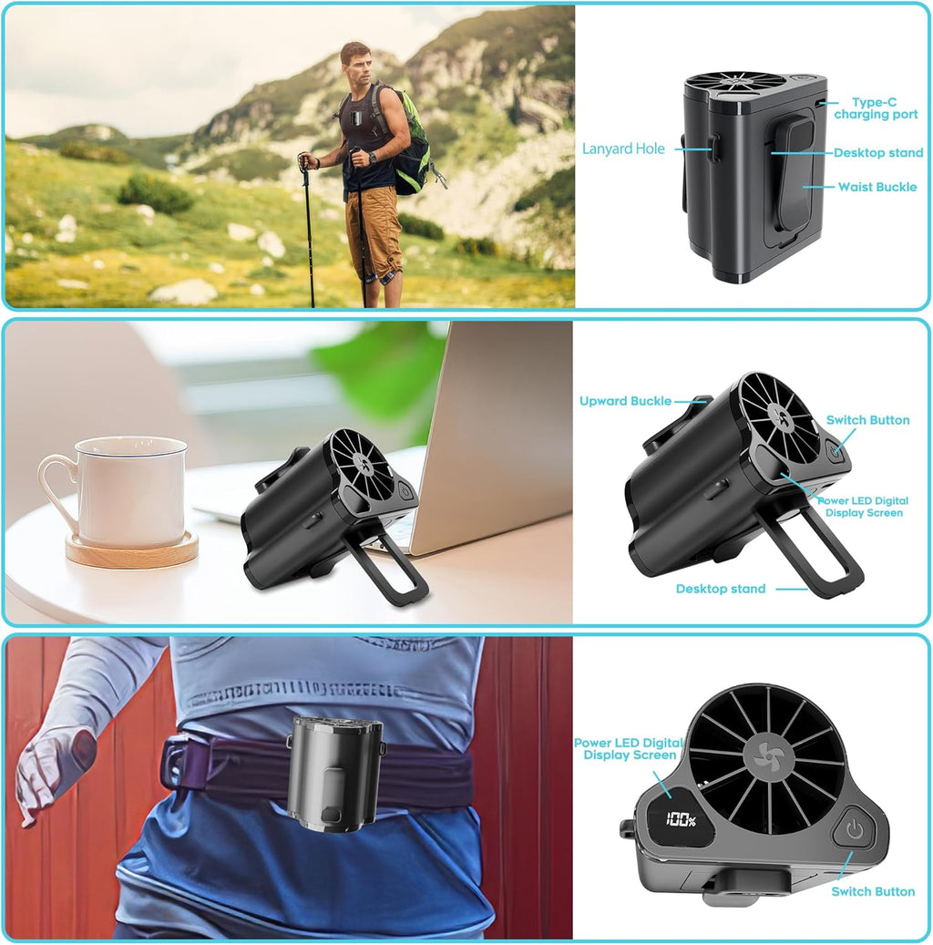 Portable Waist Fan 10000mAh Rechargeable Battery w/LED Display with 5 Speeds 12000RPM Strong Airflow Low Noise Hands-Free Clip on Wearable Belt Fan For Outdoor Camping Traveling Black