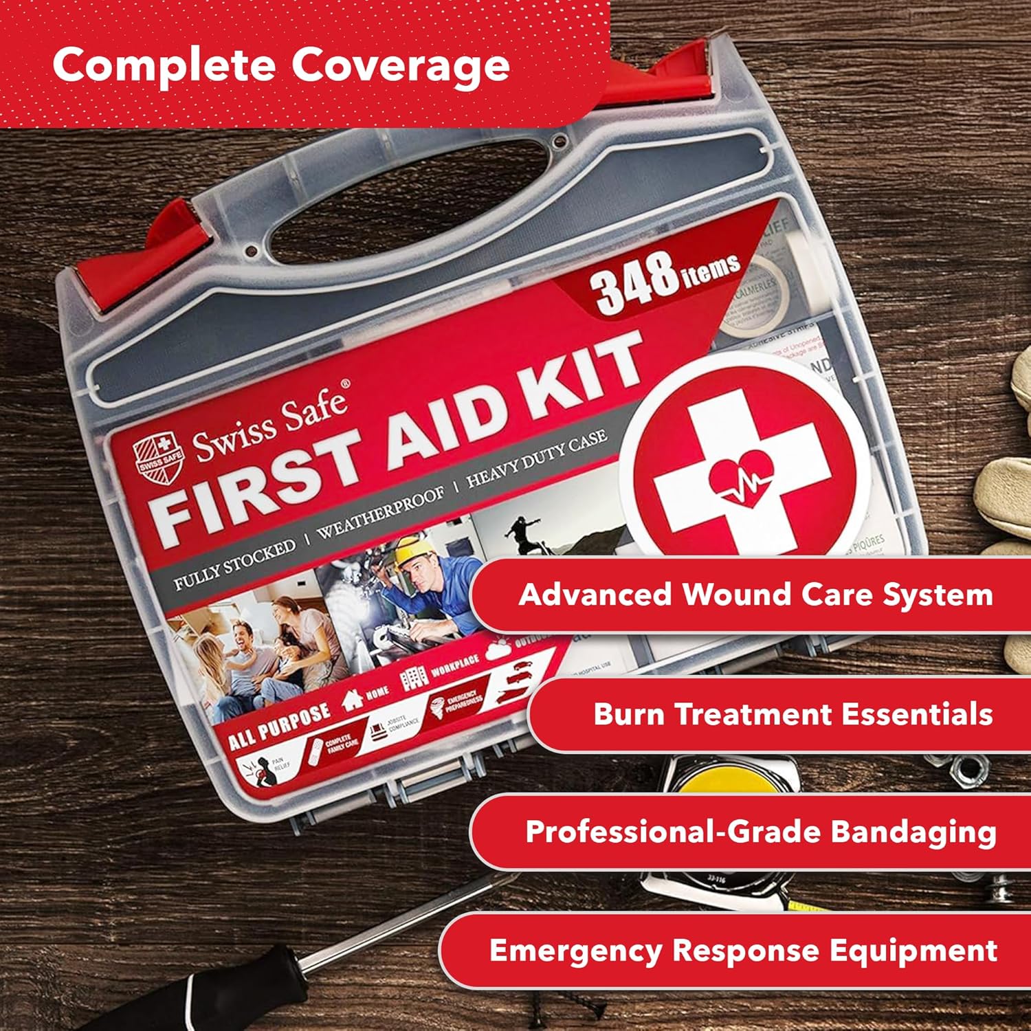 Swiss Safe 2-in-1 First Aid Kit for Car, Travel & Home, Businesses - Bonus Mini Kit for Medical Emergency Aid, Survival, Camping - FSA & HSA Eligible - 348 Pcs, Large Hardcase FAK