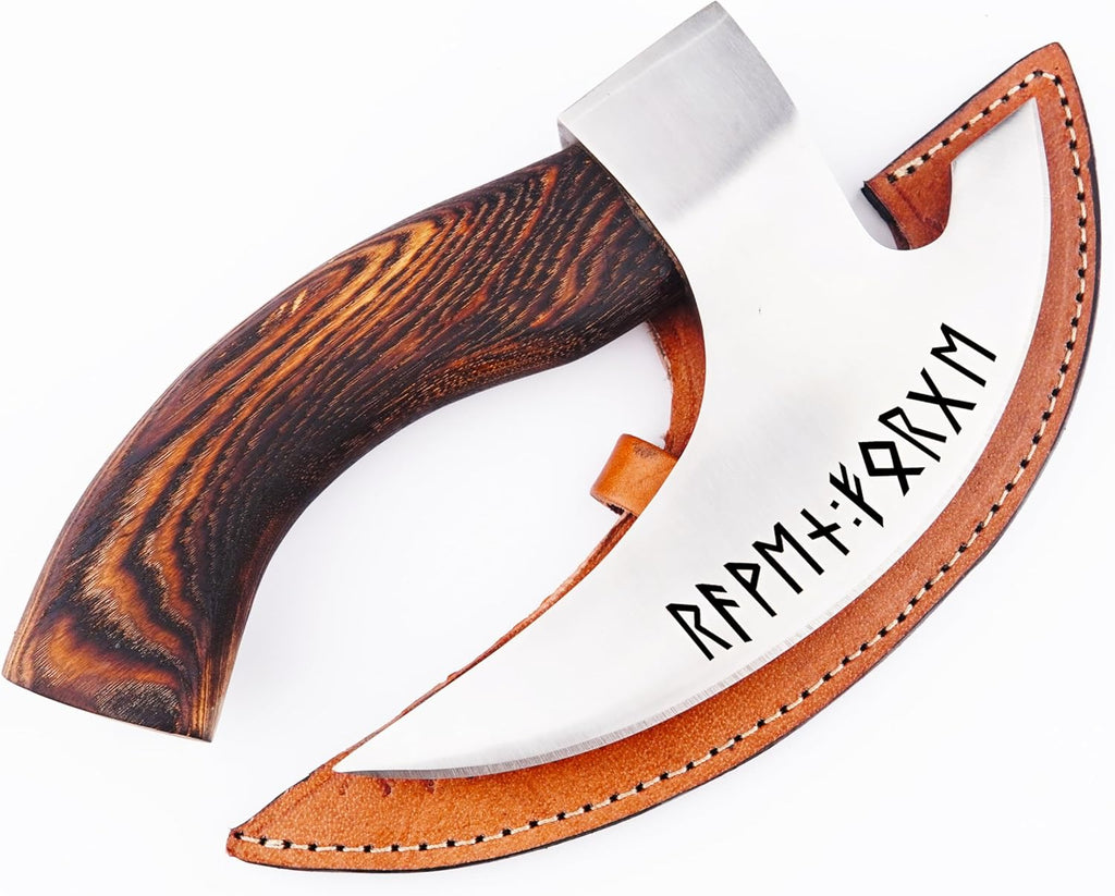 H&A CRAFTS® Viking Pizza Axe With Leather Sheath Medieval Engraved Hatchet Handmade Unique Cutter Wood Handle Original Sharp Slicer Kitchen Tomahawk Runes Forge Cutting Ax Camping Rocking Gift
