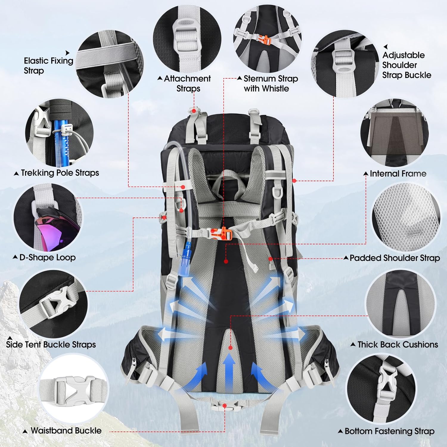 IGOLUMON 60L Hiking Backpack Waterproof Camping Backpack with Rain Cover Large Lightweight Backpacking Backpack for Men Women