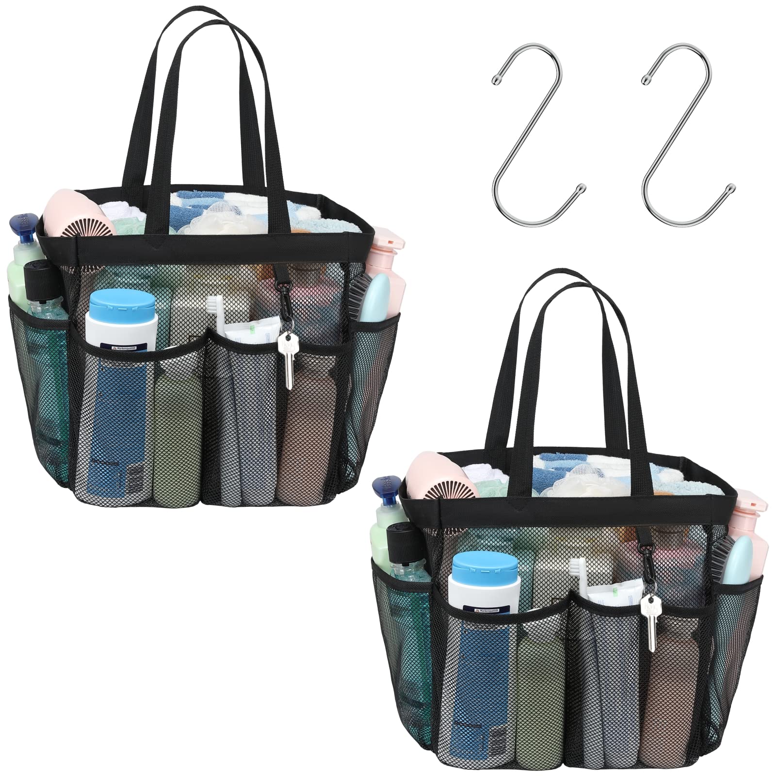 F-color Mesh Shower Caddy Portable, Upgrade Deeper 7 Pockets Shower Bag Basket Tote for College Dorm Room Toiletry Bathroom Essentials Gym Camp Quick Dry 2 handles with S Hook, Black