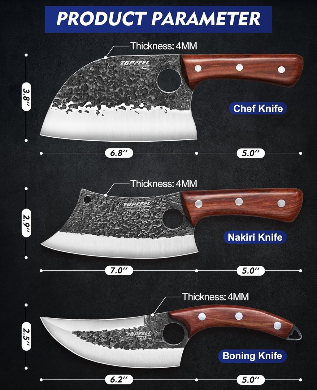 3PCS Butcher Knife Set, Hand Forged Serbian Chef Knives & Meat Cleaver & Viking Knives, Meat Cutting Kitchen Knife Set for Home, Outdoor Cooking, Camping BBQ Gift Idea Men