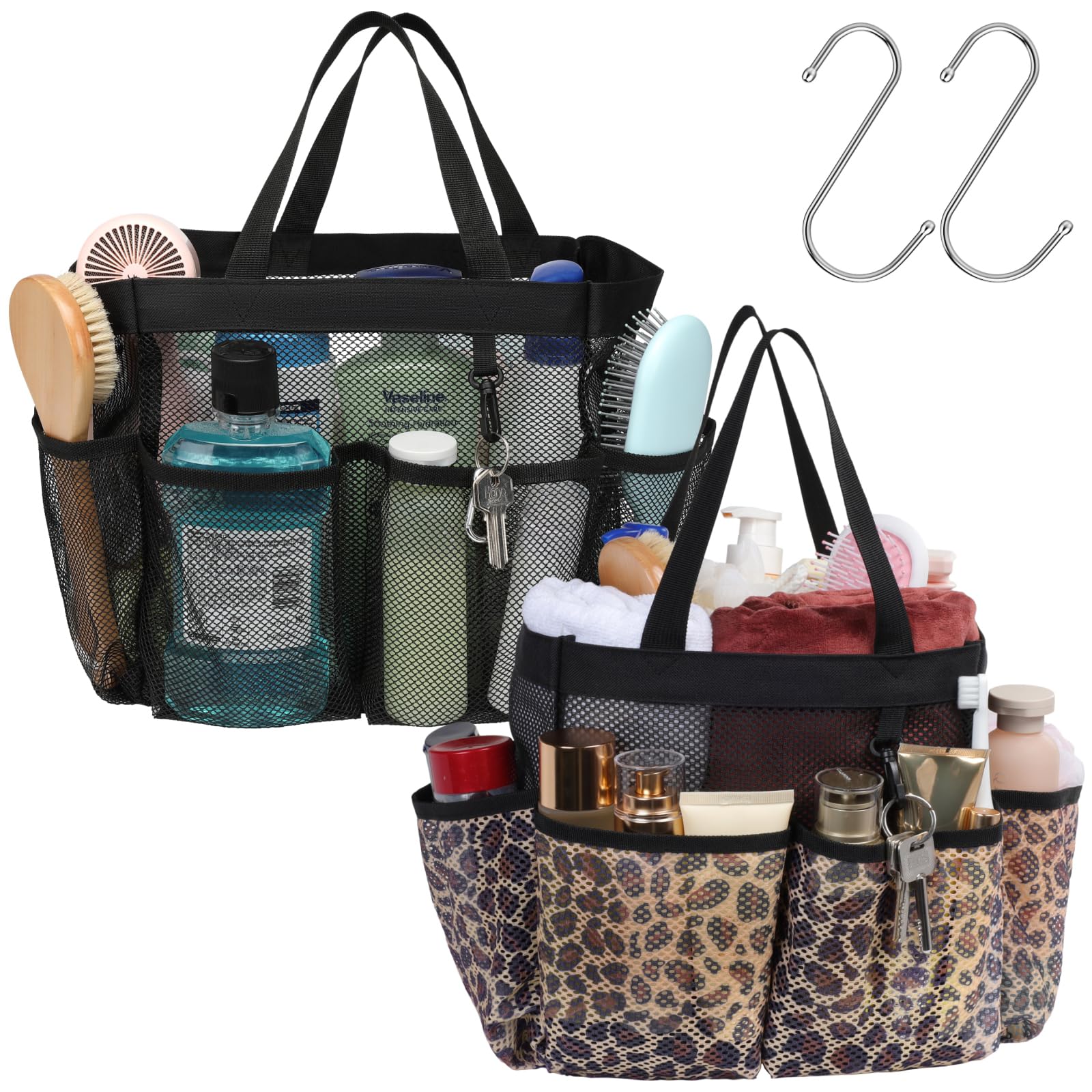 F-color Mesh Shower Caddy Portable, Upgrade Deeper 7 Pockets Shower Bag Basket Tote for College Dorm Room Toiletry Bathroom Essentials Gym Camp Quick Dry 2 handles with S Hook, Black