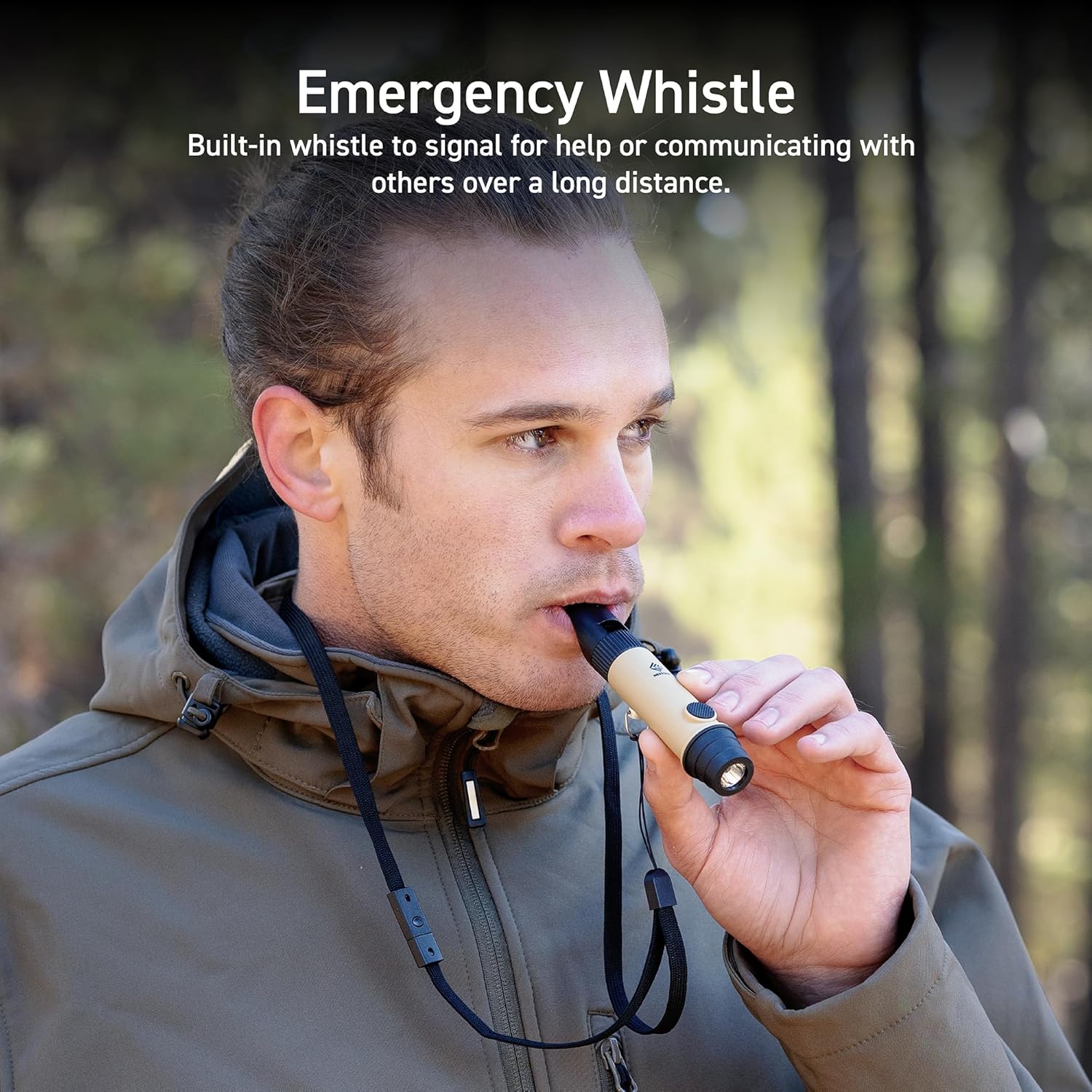 3-in-1 Flashlight, Lantern & Whistle, IP44 Water-Resistant, Dust-Resistant, AAA Battery Powered, Compact for Hiking, Camping, Rescue, Emergency, Lanyard Included (Beige)