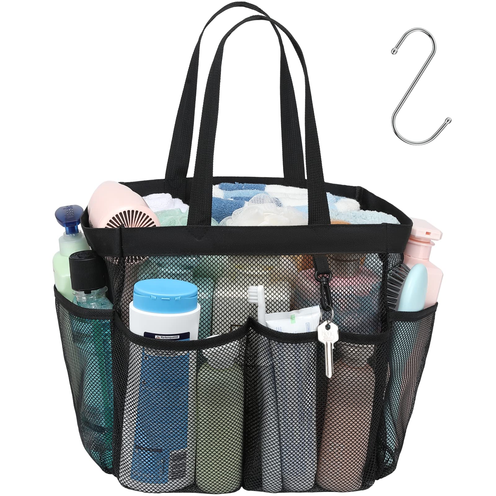 F-color Mesh Shower Caddy Portable, Upgrade Deeper 7 Pockets Shower Bag Basket Tote for College Dorm Room Toiletry Bathroom Essentials Gym Camp Quick Dry 2 handles with S Hook, Black