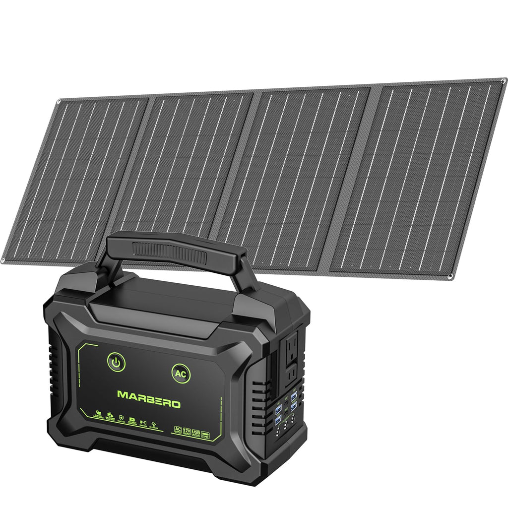 MARBERO Solar Powered Generator 155Wh with 30W Foldable Solar Panels 100W AC Output Lithium Battery Portable Power Station with AC DC and USB Outputs for Camping Emergency Home Backup Blackout Hiking
