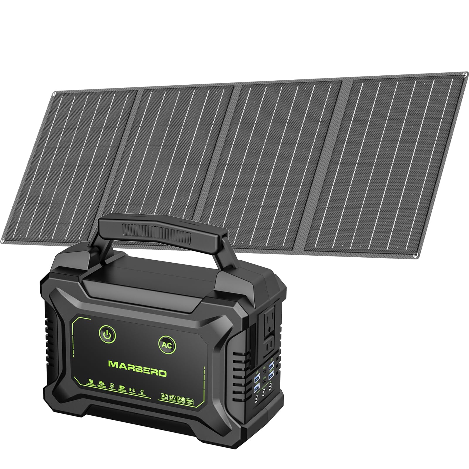 MARBERO Solar Powered Generator 155Wh with 30W Foldable Solar Panels 100W AC Output Lithium Battery Portable Power Station with AC DC and USB Outputs for Camping Emergency Home Backup Blackout Hiking
