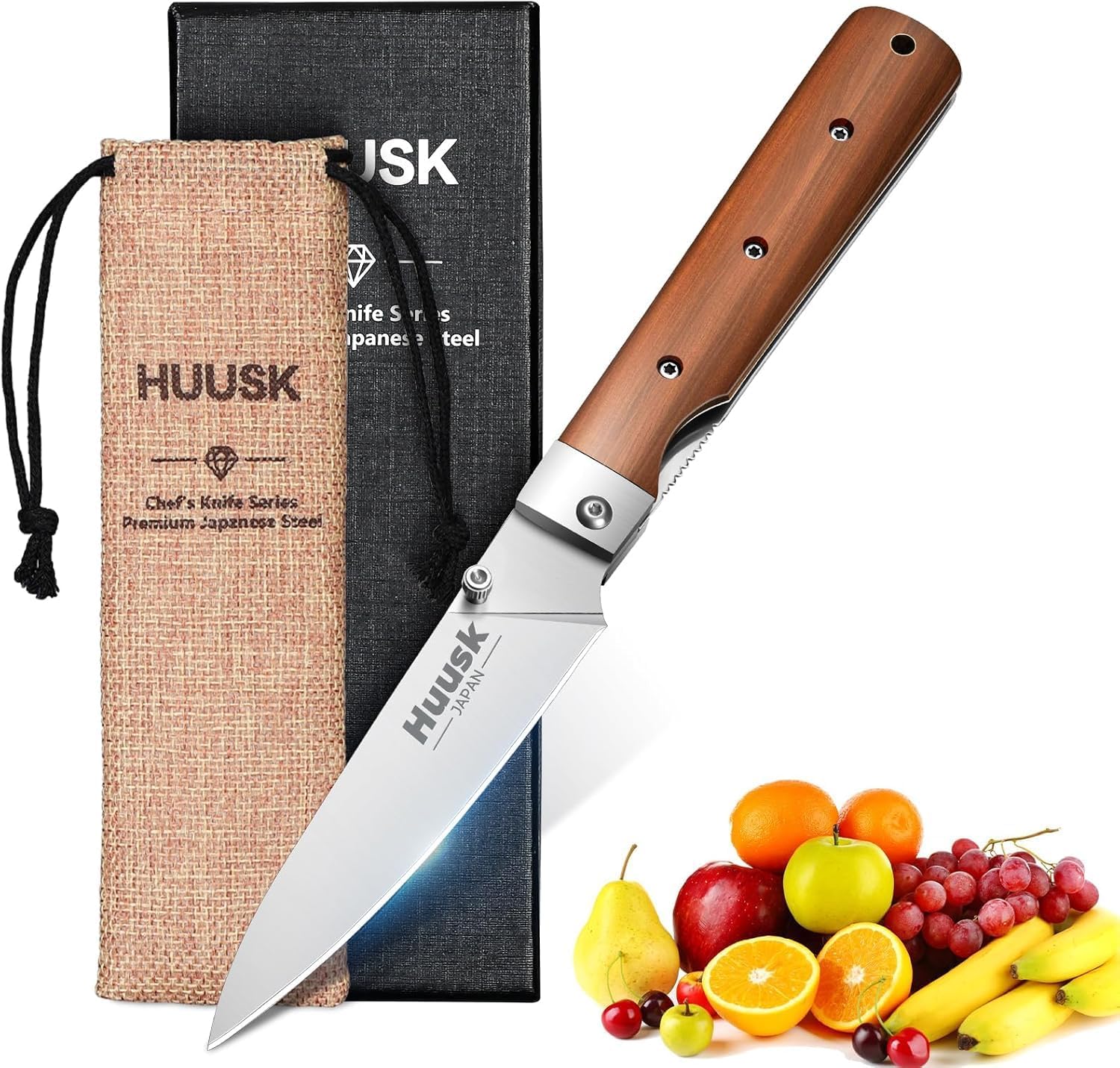 Huusk Japanese Folding Fruit Knife - Pocket Paring Knives with 440C Stainless Steel Ultra Sharp Blade, Portable Kitchen Knives, Gifts for Men